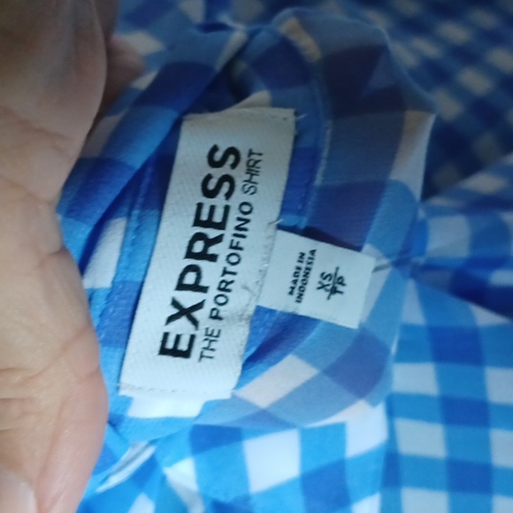 Express The Portofino Shirt size XS blue & white semi-sheer blouse - Picture 6 of 7